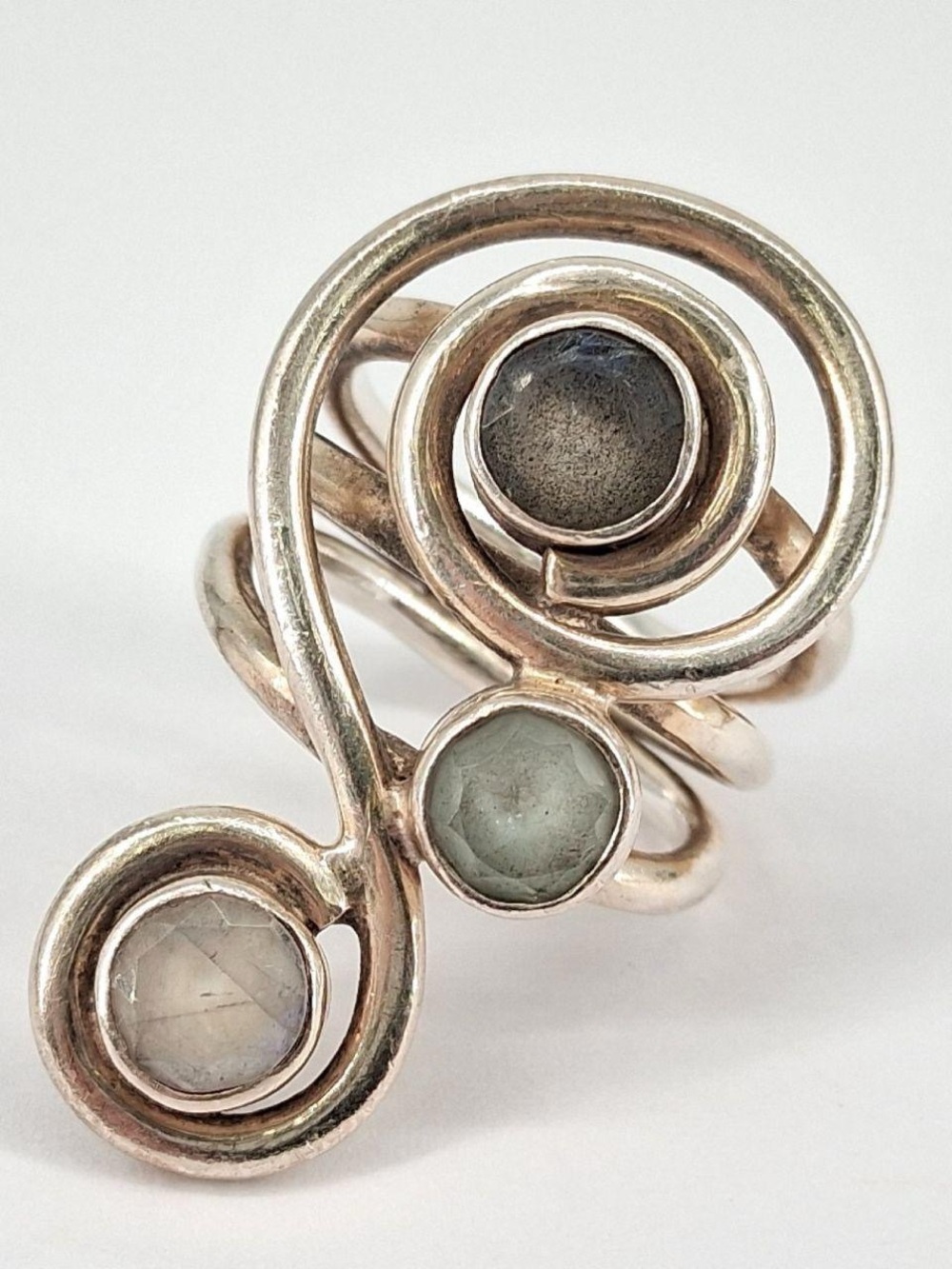 Sterling Silver Swirl Ring with Grey Moonstone Accents - Women Jewelry